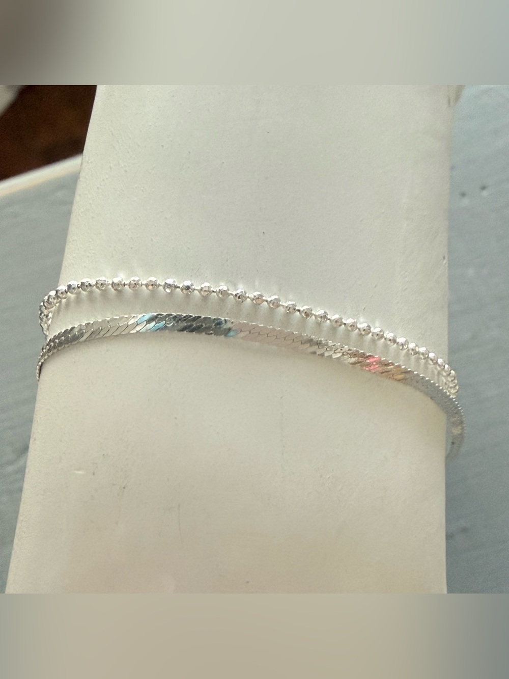 925 Sterling Silver double Strand Layered Beaded and Herringbone Bracelet